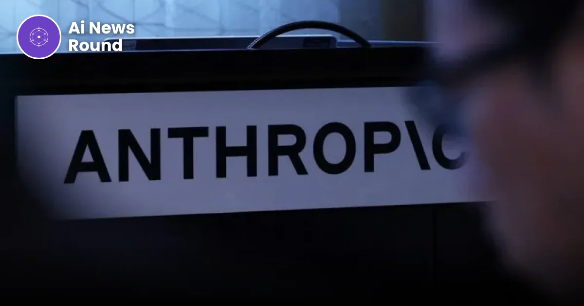 Anthropic sign on a lectern at a media briefing, with the Ai News Round logo in the top-left corner