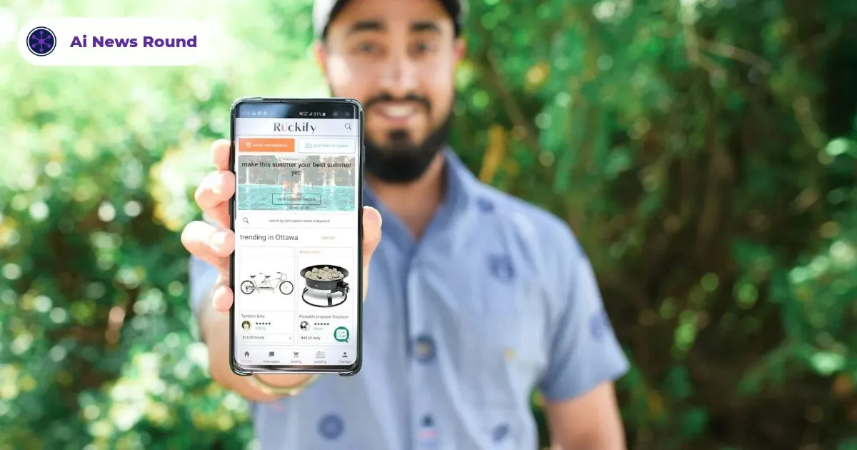 A smiling man holds up a smartphone showing a work app, with the Ai News Round badge in the top-left corner