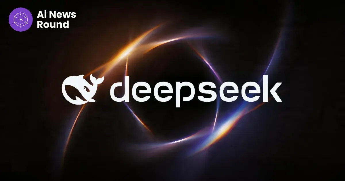 DeepSeek whale logo and wordmark in white over swirling orange and violet light trails on a black background