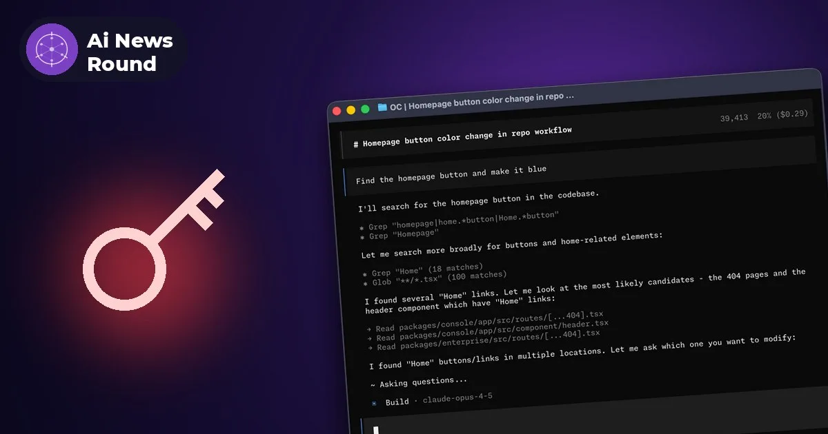The OpenCode terminal coding agent interface beside a glowing key icon on a dark purple background