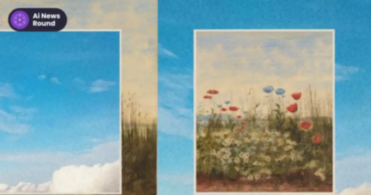 Anthropic artwork of a sky and wildflower meadow split across two framed panels