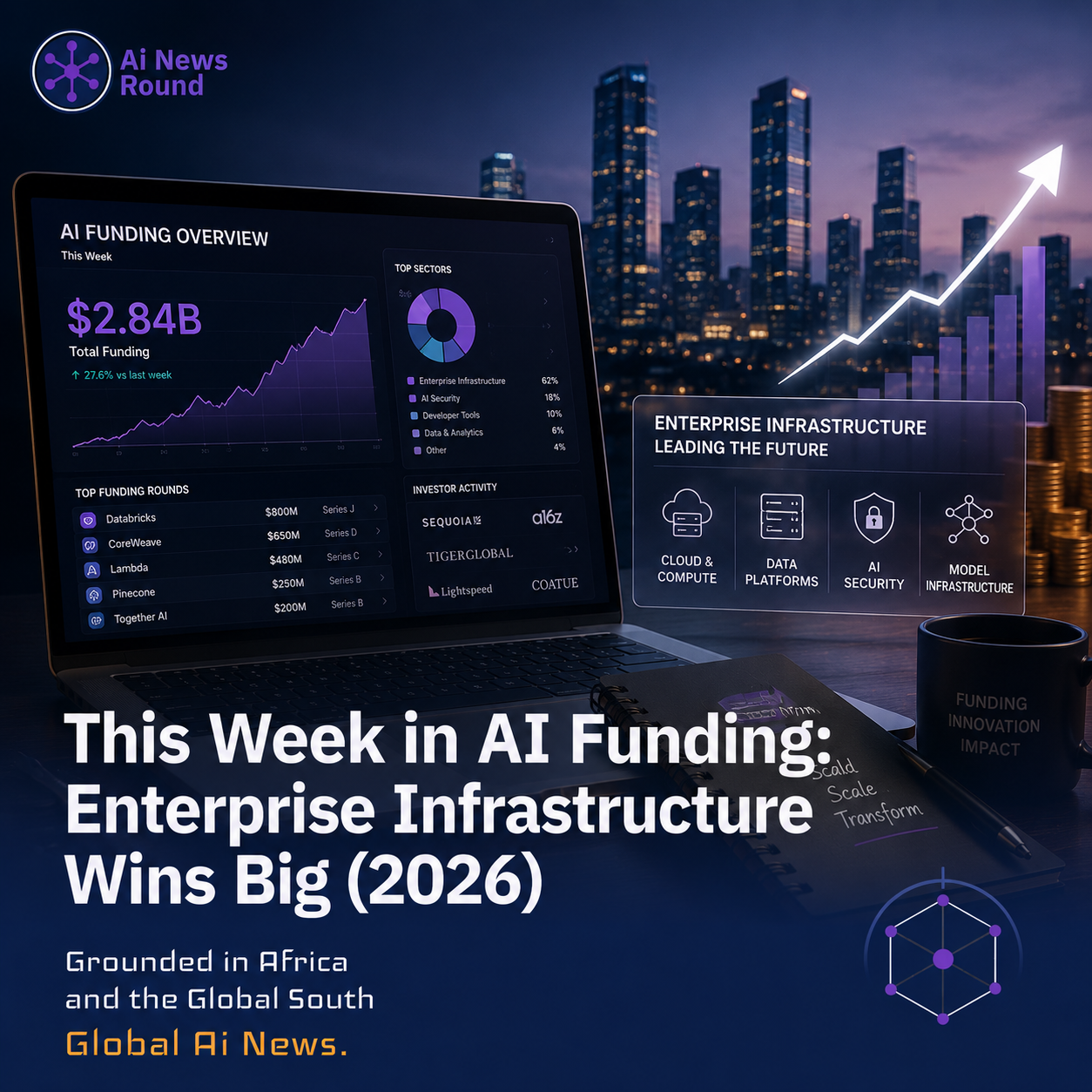Financial chart header showing investment distribution in AI infrastructure and biotech funding rounds.