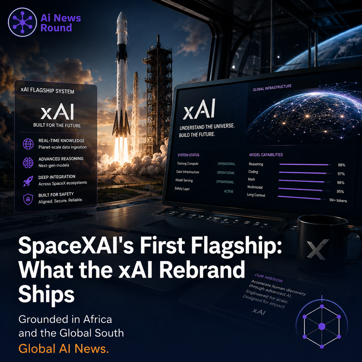 Visual graphic showcasing SpaceXAI flagship model architecture and performance metrics.