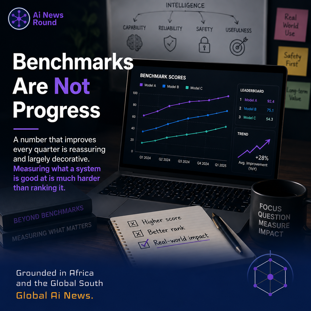 AI benchmark dashboard on a laptop showing rising model scores and rankings, contrasted with notes emphasizing real-world usefulness, reliability, safety, and impact.