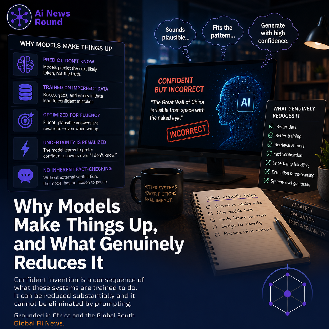 AI News Round graphic explaining why AI models hallucinate and how better data, retrieval, fact-checking, evaluation, and guardrails can reduce AI-generated misinformation.