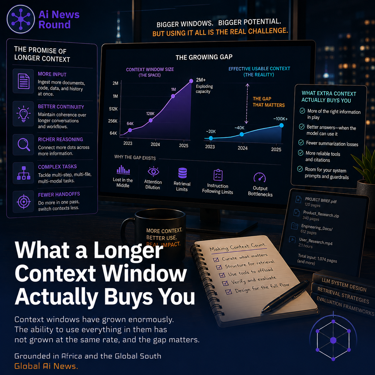 AI News Round graphic explaining how longer AI context windows improve access to documents, continuity, reasoning, and complex tasks while showing the gap between context window si