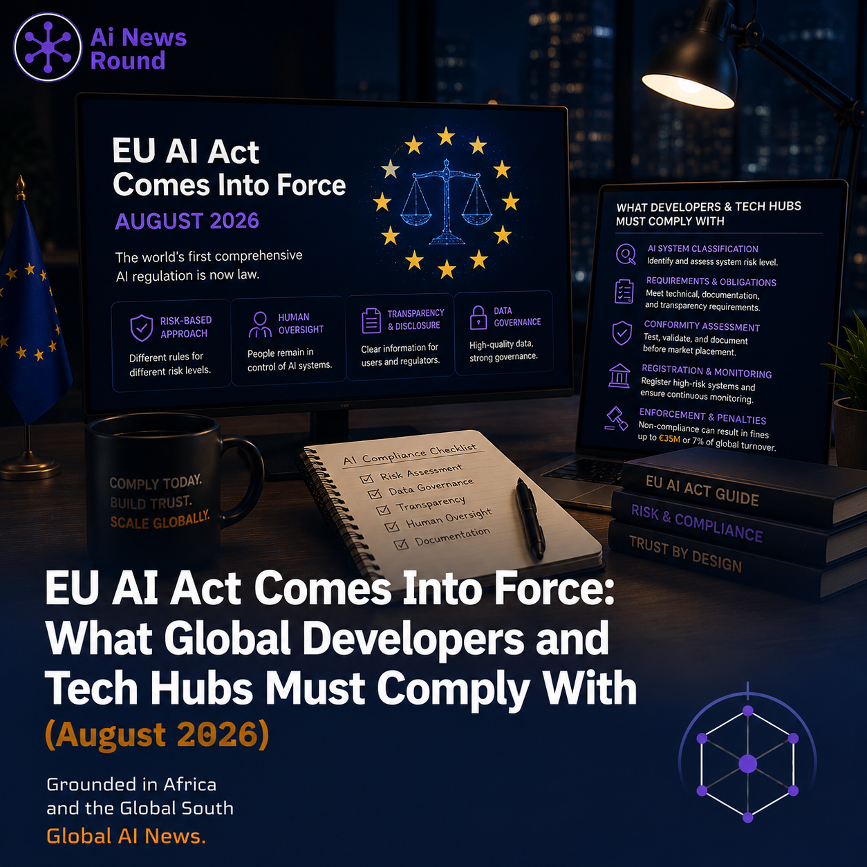 Diagram showing the EU AI Act enforcement framework, highlighting transparency requirements and general-purpose AI (GPAI) model tiers.