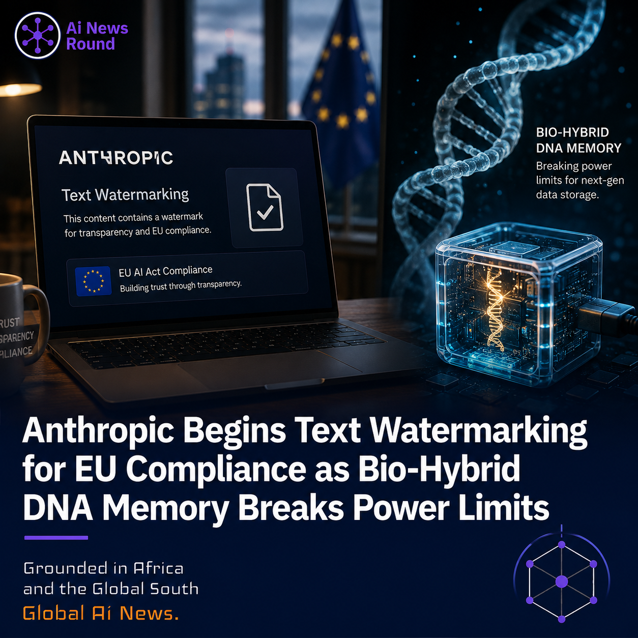Conceptual illustration of digital text stream receiving invisible machine-readable watermarks beside a microchip integrated with synthetic DNA strands.