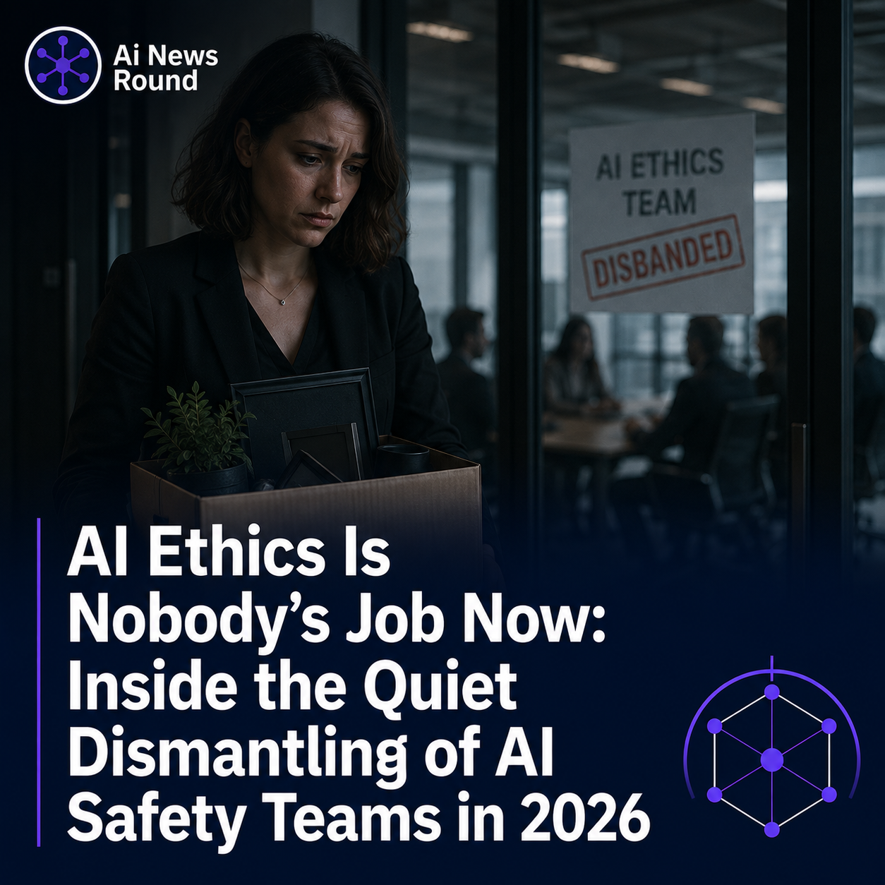 An empty office chair at a boardroom table, with a faint circuit-board pattern overlaid on the wall behind it, symbolizing the vacancy left by dismantled AI ethics and safety teams