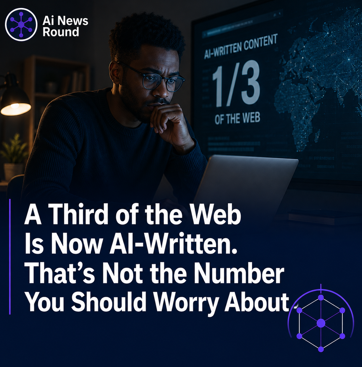 Black technology professional working on a laptop while a digital display shows that one third of the web is AI-written, illustrating the growth of AI-generated content online.