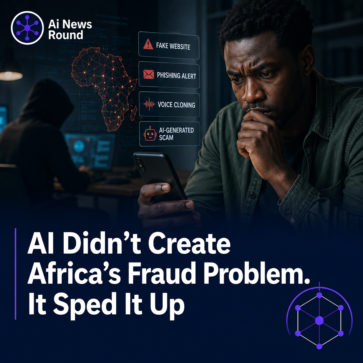 An African fintech fraud analyst viewing a real-time banking security dashboard on a laptop screen, representing the acceleration of AI-powered financial fraud in Africa.