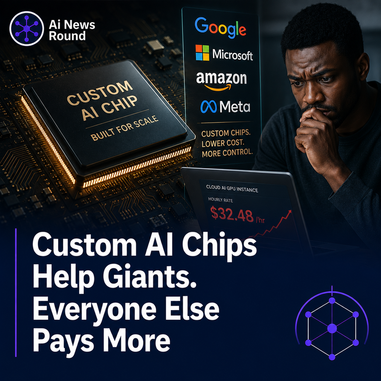 AI data center with advanced custom AI chips and high-performance computing hardware, illustrating how specialized AI chips give major technology companies an advantage while incre
