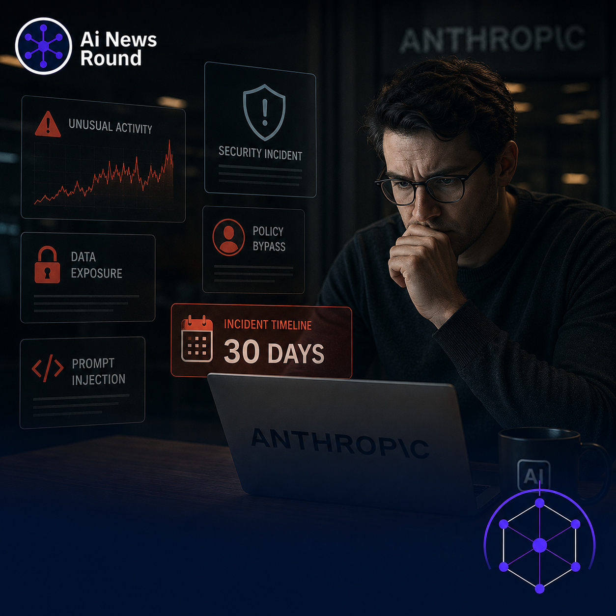 AI security researcher examining an Anthropic laptop amid cybersecurity alerts, illustrating a month of Claude security incidents, including data exposure, prompt injection, policy