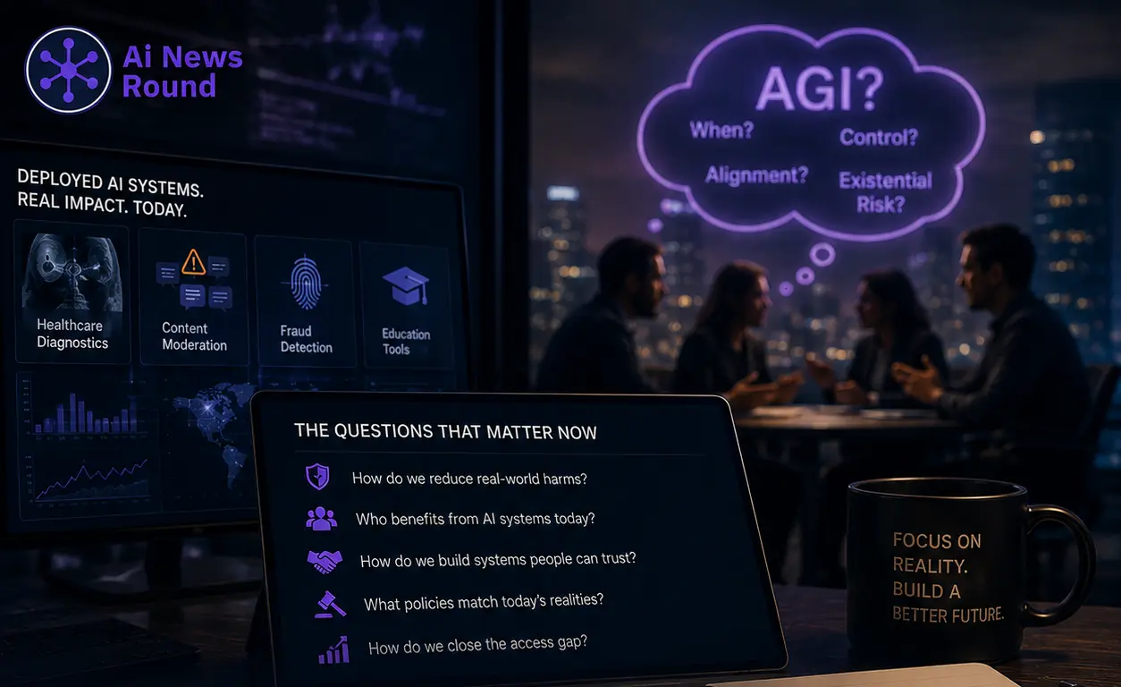 AI News Round editorial graphic about the AGI debate and the need to focus on real-world AI systems, their impact, access, safety, and governance.