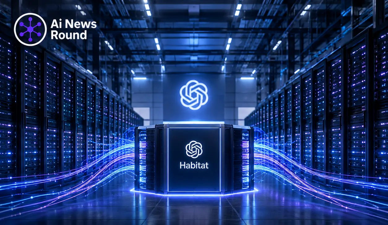 OpenAI Habitat data center infrastructure with glowing server racks and digital data streams, illustrating how OpenAI scaled online storage to support 1 billion ChatGPT users.