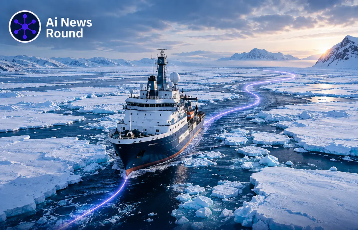 Autonomous GeoAI agent guiding a research vessel through Arctic sea ice along a digital navigation route, illustrating AI-powered eco-navigation and safer, more sustainable Arctic