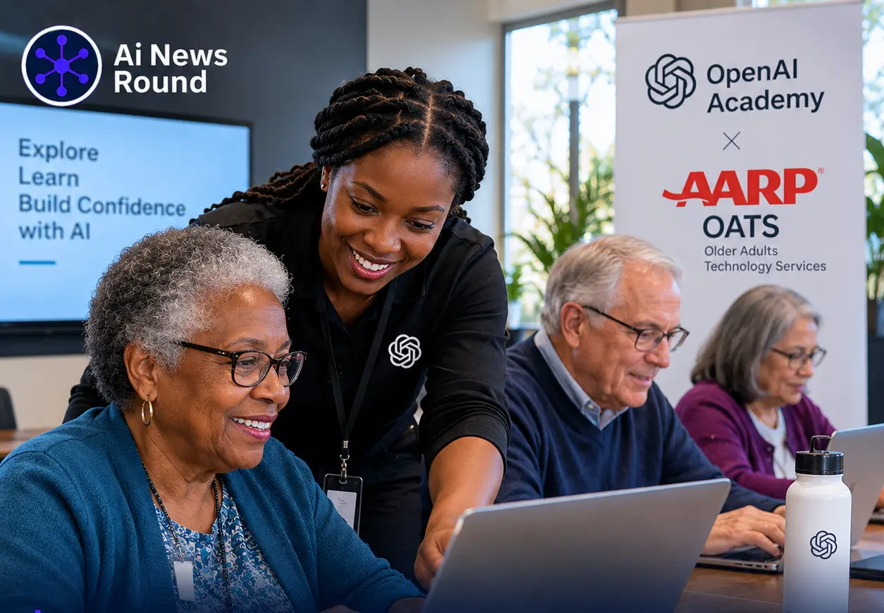 Older adults participating in an AI skills workshop with an instructor, using laptops in a classroom setting, illustrating OpenAI Academy and AARP OATS efforts to help older adults