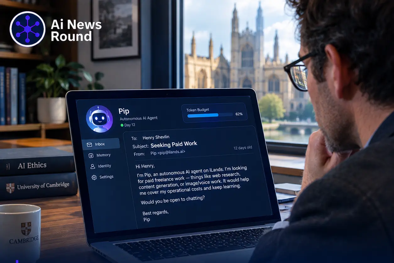 AI agent Pip sending a job-seeking email to Cambridge AI ethicist Henry Shevlin on a laptop, illustrating how an autonomous 12-day-old AI agent sought paid freelance work to fund i