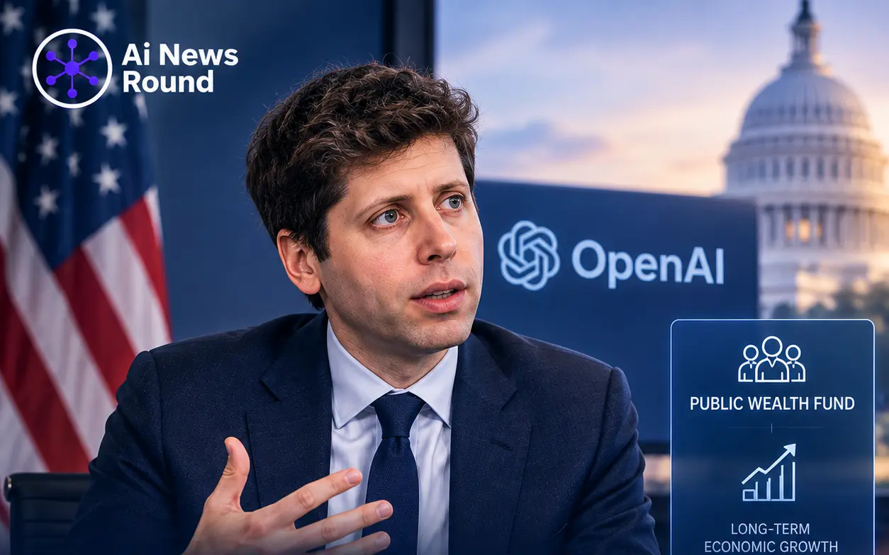 Sam Altman of OpenAI pictured with the U.S. Capitol and American flag, illustrating OpenAI’s proposal for a public wealth fund that could give Americans a stake in AI-driven econom