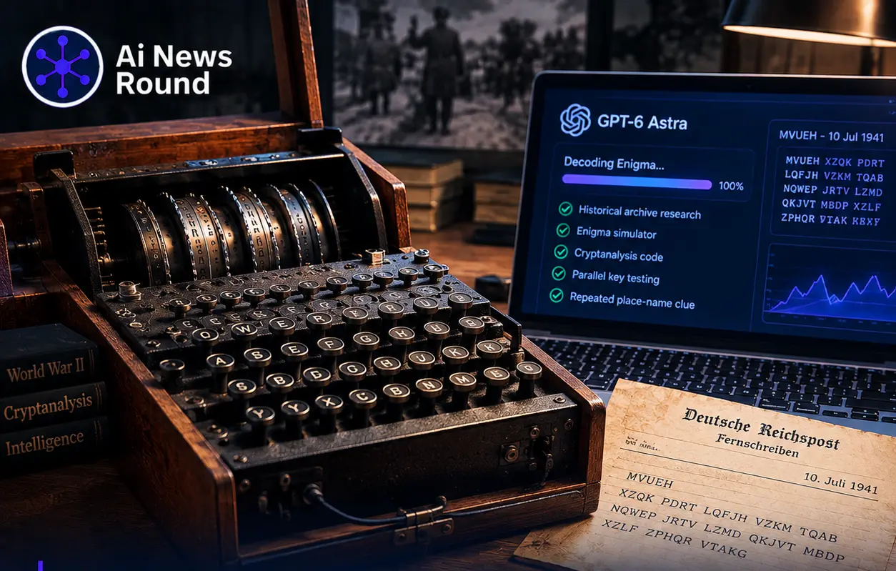 Vintage Enigma machine beside a laptop showing GPT-6 Astra cryptanalysis, illustrating the AI system’s reported autonomous decoding of an unsolved 1941 German Enigma message after