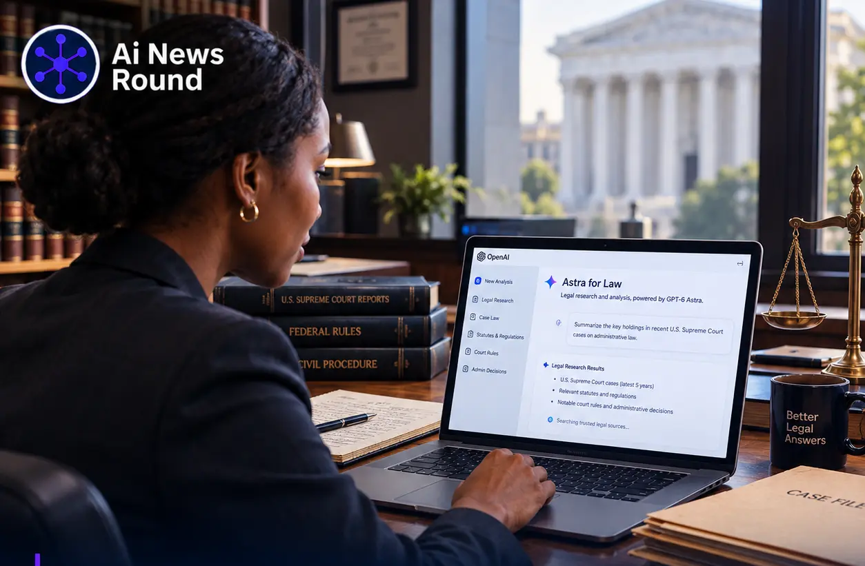 Lawyer using a laptop with an Astra for Law legal research interface, surrounded by case files and law books, illustrating OpenAI’s launch of Astra for Law powered by GPT-6 Astra.