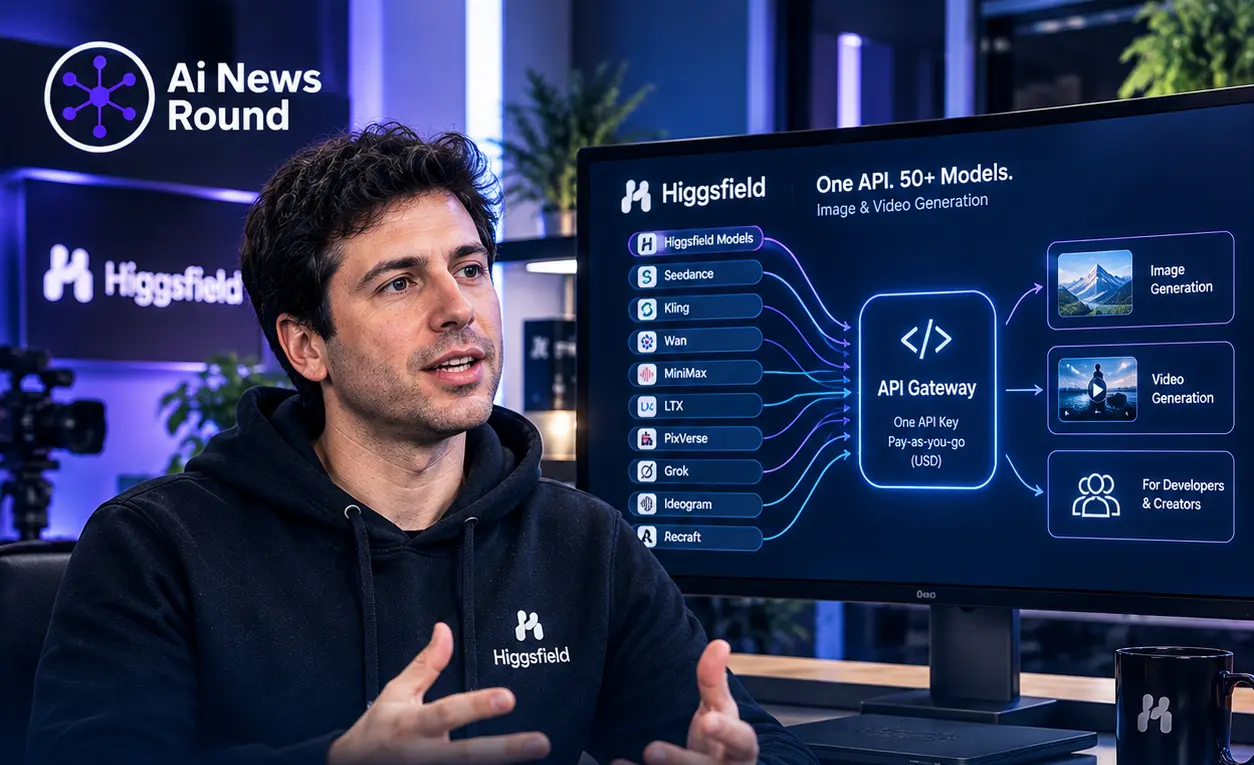 Higgsfield CEO Alex Mashrabov presenting the company’s new API, with a visual showing access to 50+ image and video generation models through a single API gateway.