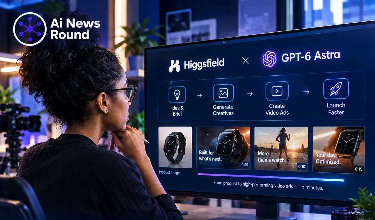 Higgsfield AI creative workflow using OpenAI GPT-6 Astra to rapidly develop video advertising tools, showing an AI-powered process for turning product ideas into video ads