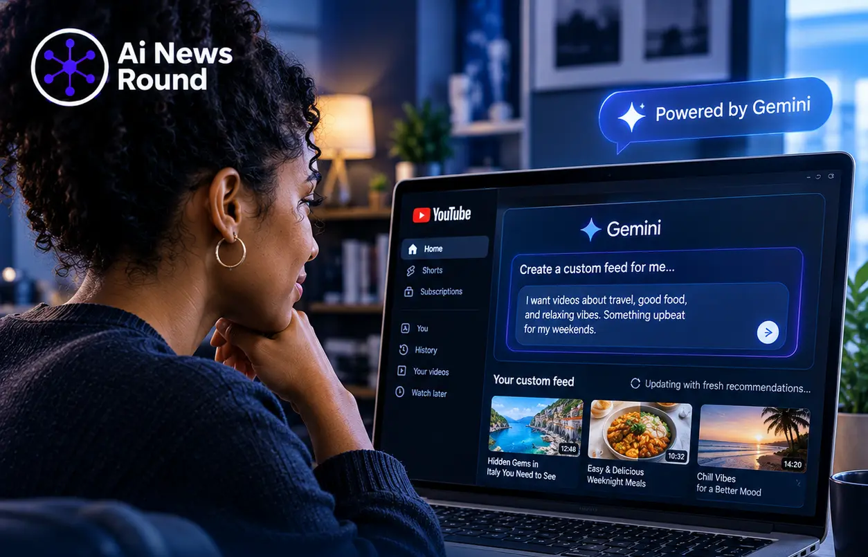YouTube Custom Feeds powered by Google Gemini, showing a viewer creating a personalized video feed with conversational prompts for tailored recommendations. 
