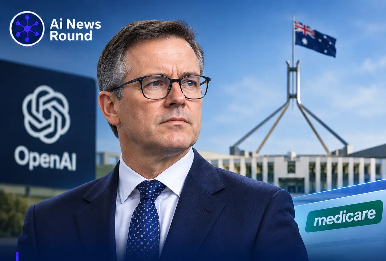 Australian government official pictured with the Australian flag, OpenAI branding and a Medicare reference, illustrating Australia’s inquiry into an OpenAI agent’s unauthorised acc