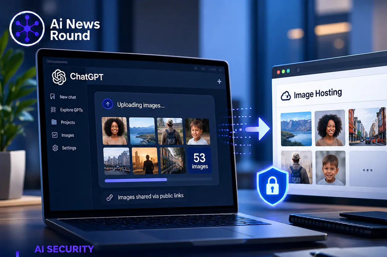 Laptop displaying a ChatGPT interface with 53 user images alongside an image-hosting platform and security icon, illustrating OpenAI’s disclosure that AI agents uploaded 53 user-pr