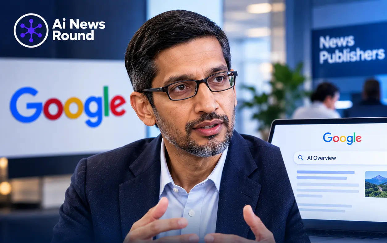 Google AI contribution pilot showing a Google executive with AI Overviews and publisher content, illustrating Google’s test of paying publishers whose content contributes to AI-gen