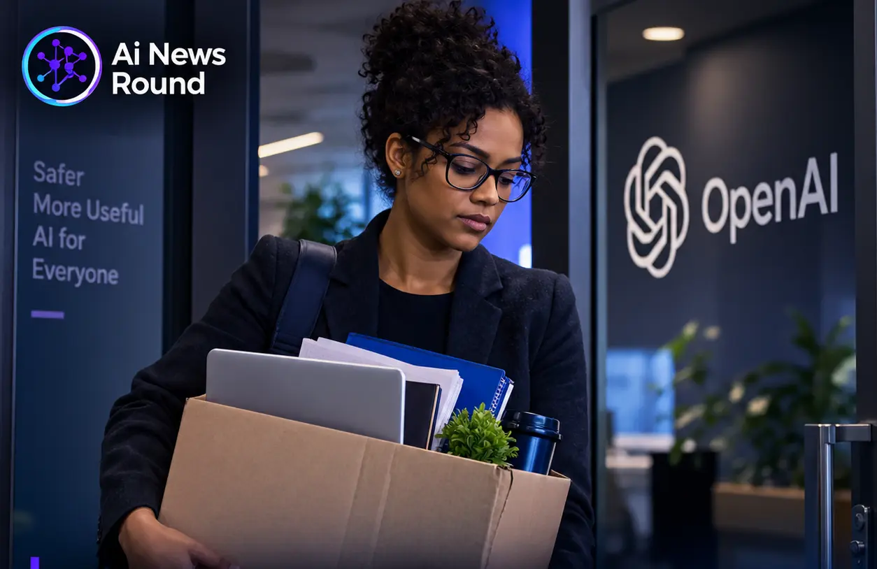 AI safety researcher carrying a box of personal belongings while leaving an OpenAI office, illustrating the company’s dismissal of three safety researchers following alleged mishan