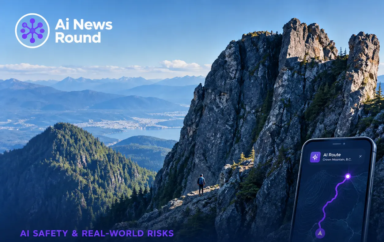 Mountain cliff in British Columbia with a stranded teen hiker and AI-generated route map, illustrating the rescue of a 16-year-old after following AI hiking route recommendations.