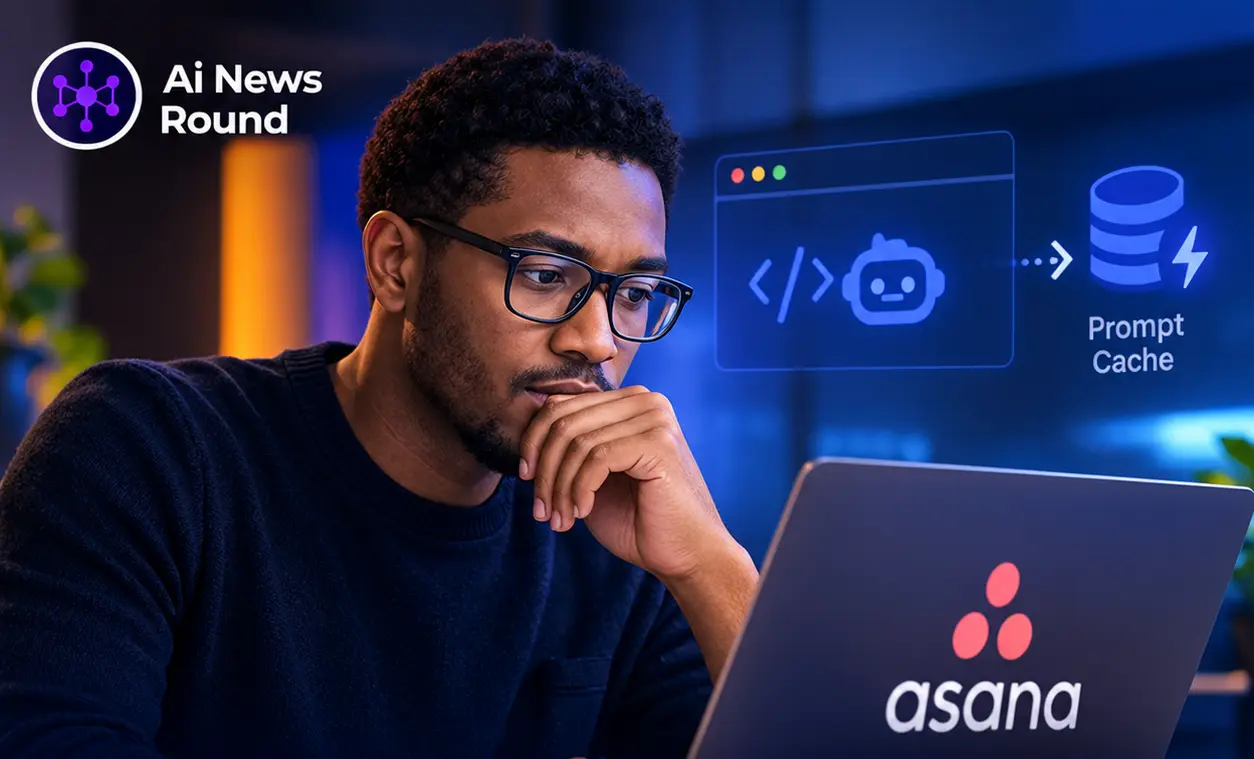 Software engineer using a laptop displaying the Asana platform alongside a prompt-cache optimization graphic, illustrating how Asana reduced browser-agent model costs 76-fold using