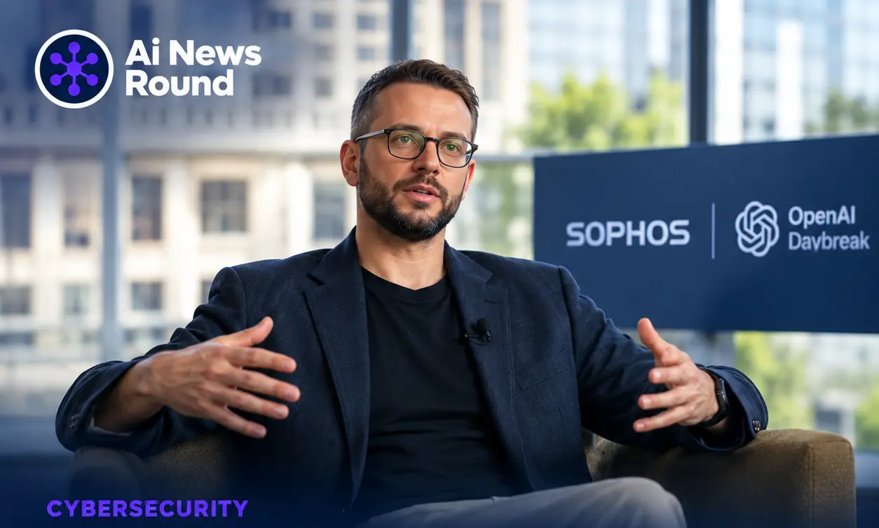 Sophos and OpenAI Daybreak cybersecurity integration, featuring a technology executive in an interview setting, illustrating how AI-powered threat investigation reportedly reduced