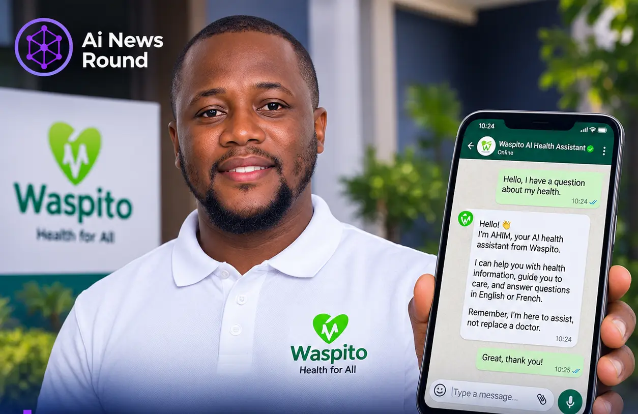 Cameroonian health technology representative holding a smartphone displaying Waspito’s AHIM AI health assistant on WhatsApp, illustrating the launch of a 24/7 AI-powered health inf