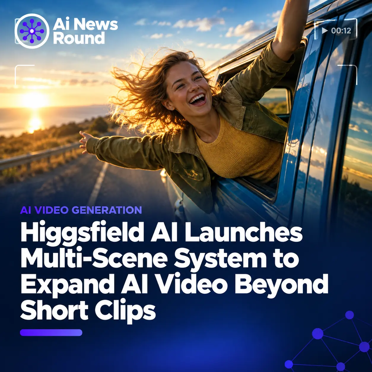 Woman leaning out of a blue car at sunset, illustrating Higgsfield AI’s multi-scene video generation system designed to create longer, more coherent AI videos beyond short clips.