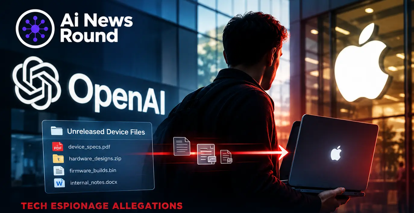 OpenAI and Apple logos flank a silhouetted figure holding a laptop, illustrating OpenAI’s allegations that a former employee transferred unreleased device-related files to Apple.