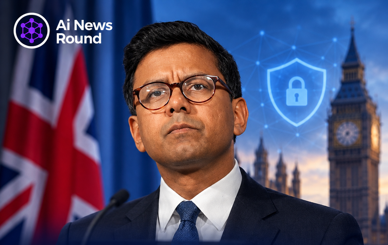 UK AI policy news graphic featuring a South Asian government official in a suit and glasses, with the Union Jack, the Houses of Parliament, and a digital cybersecurity shield. The